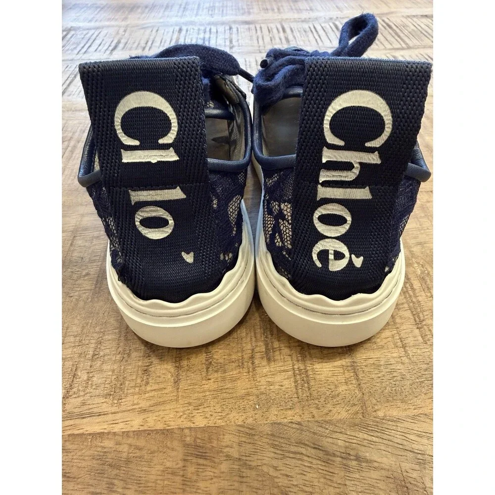 CHLOE Size 35 Lauren Lace Navy Blue White Sneakers Tennis Shoes Leather Scallop